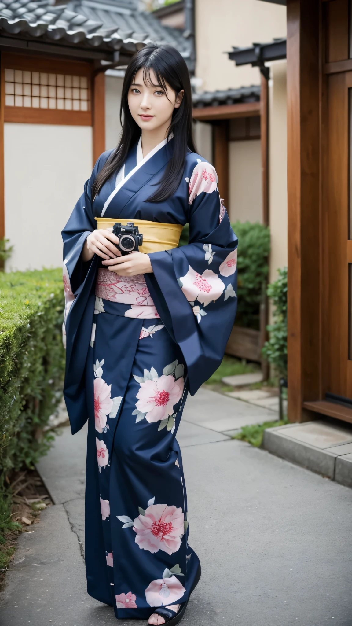 The image shows a woman with almost half of her body, selfie style in front of a DSLR camera, high resolution, clear photo quality, HD with striking blue eyes. His skin is white, and long straight black hair. This character is Hinata Hyuga, in the anime Naruto Shipunden. Transform her into a realistic character, wearing a Japanese kimono. beautiful and smooth face. funny, original, realistic, set in a Japanese residential street, very real, very detailed body, perfect body, thin smile expression, elegant face, detailed