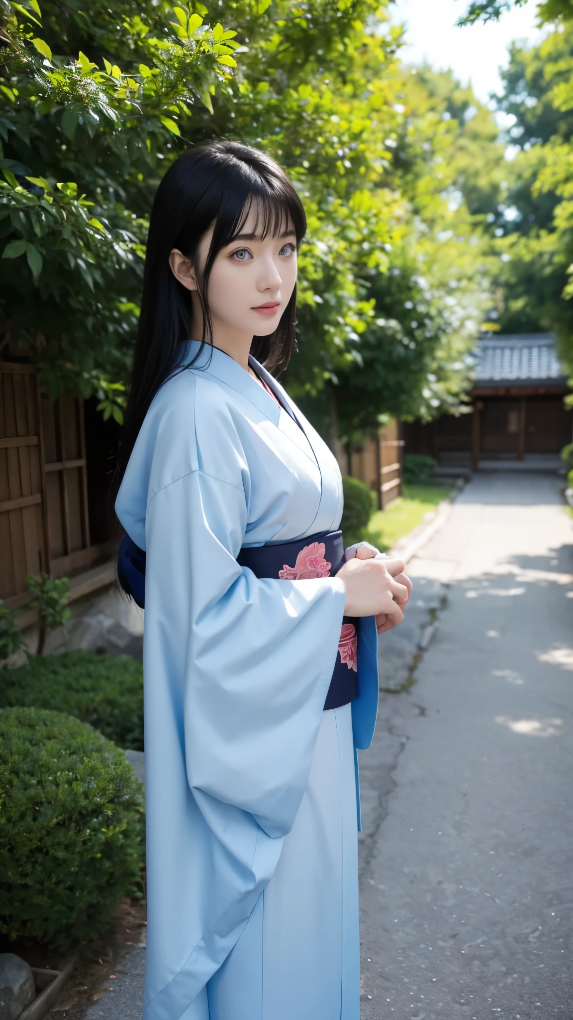 The image shows a woman with almost half of her body, selfie style in front of a DSLR camera, high resolution, clear photo quality, HD with striking blue eyes. His skin is white, and long straight black hair. This character is Hinata Hyuga, in the anime Naruto Shipunden. Transform her into a realistic character, wearing a Japanese kimono. beautiful and smooth face. funny, original, realistic, set in a Japanese residential street, very real, very detailed body, perfect body, thin smile expression, elegant face, detailed