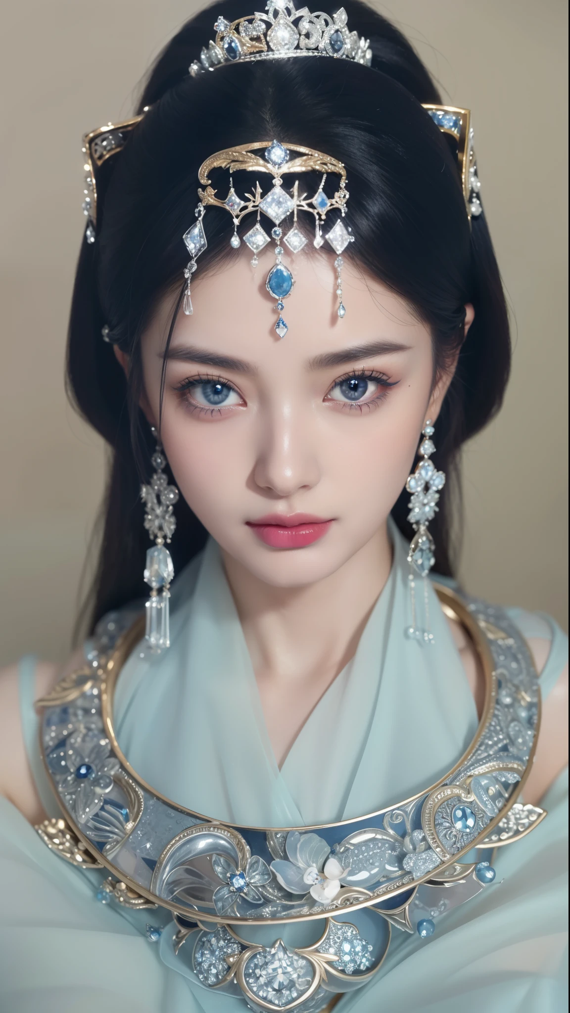 Super detailed, Delicate face, Realistic style, Stock Photography ,  rich and colorful, Surrealism, Realistic textures, Dramatic Lighting, Thin Film Distiller 800 (8K, original photo, Better quality, masterpiece: 1.2), Super detailed, (Extremely delicate skin: 1.2), 8K Ultra HD, SLR camera, Soft Light, high quality，Snow Queen,ice castle，Blue pupils，Apply red lipstick，Tattoo goddess，With tattoo pattern，Ultra-clear portrait，Wearing necklace jewelry，apply lipstick，Wear heavy makeup，The facial texture is very clear，Beautiful tattoos on the body，Deep blue eyes(Sapphire-like pupils)，A crown of luxury，Diamond necklace，Lace Print，Beautiful goddess，Chinese Princess，Gorgeous and exquisite jewelry