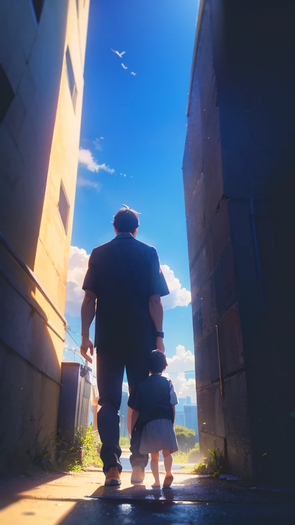 Man walking in heaven,Parent and ,View from behind,Side view