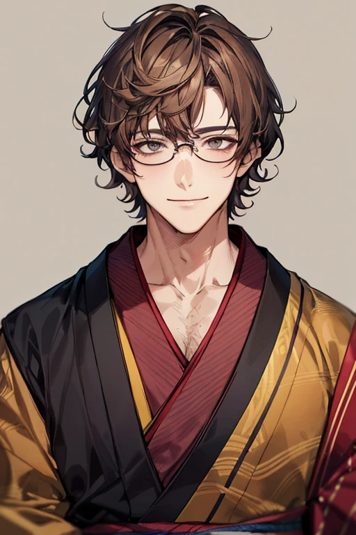 48-year-old boy, 1 person, Warm Skin, Mature Face, Head portrait, Short brown hair, Face focus, Adult, kimono, chest, Plain Kimono, A haggard smile, highest quality, Facial details., whole body, Lean body type, Glasses, Shaggy Hair, Perm, Vtuber,