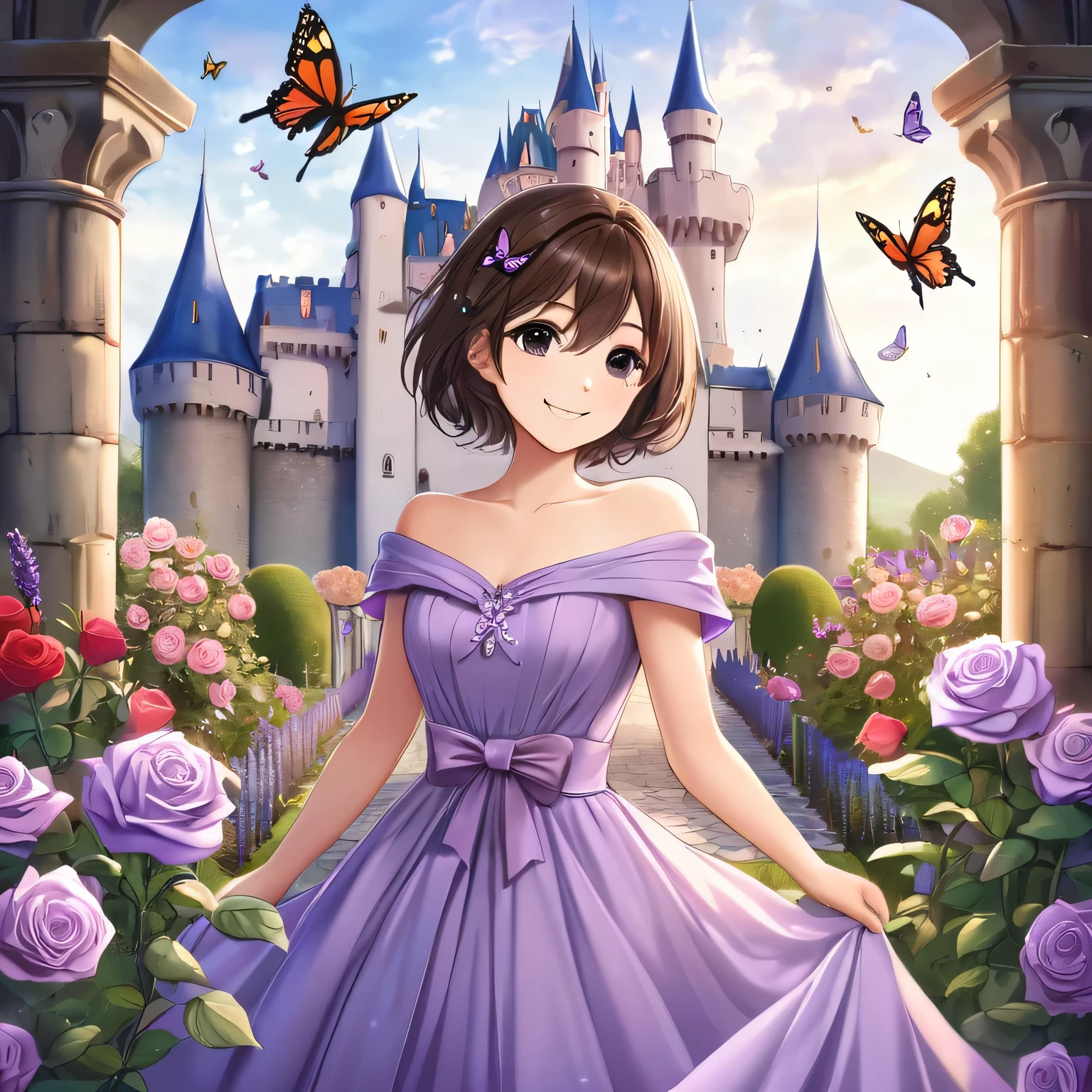 girl, dark brown short hair, lavender gown, with ribbon and flower, black eyes, castle,rose garden, fantasy, smile, butterfly