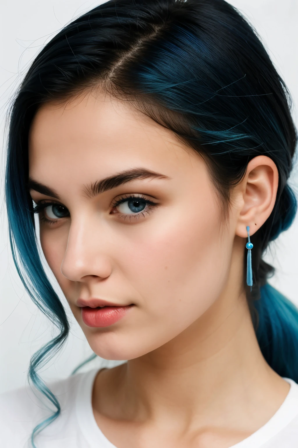 women face, blue hair with highlights, white, looking to the right