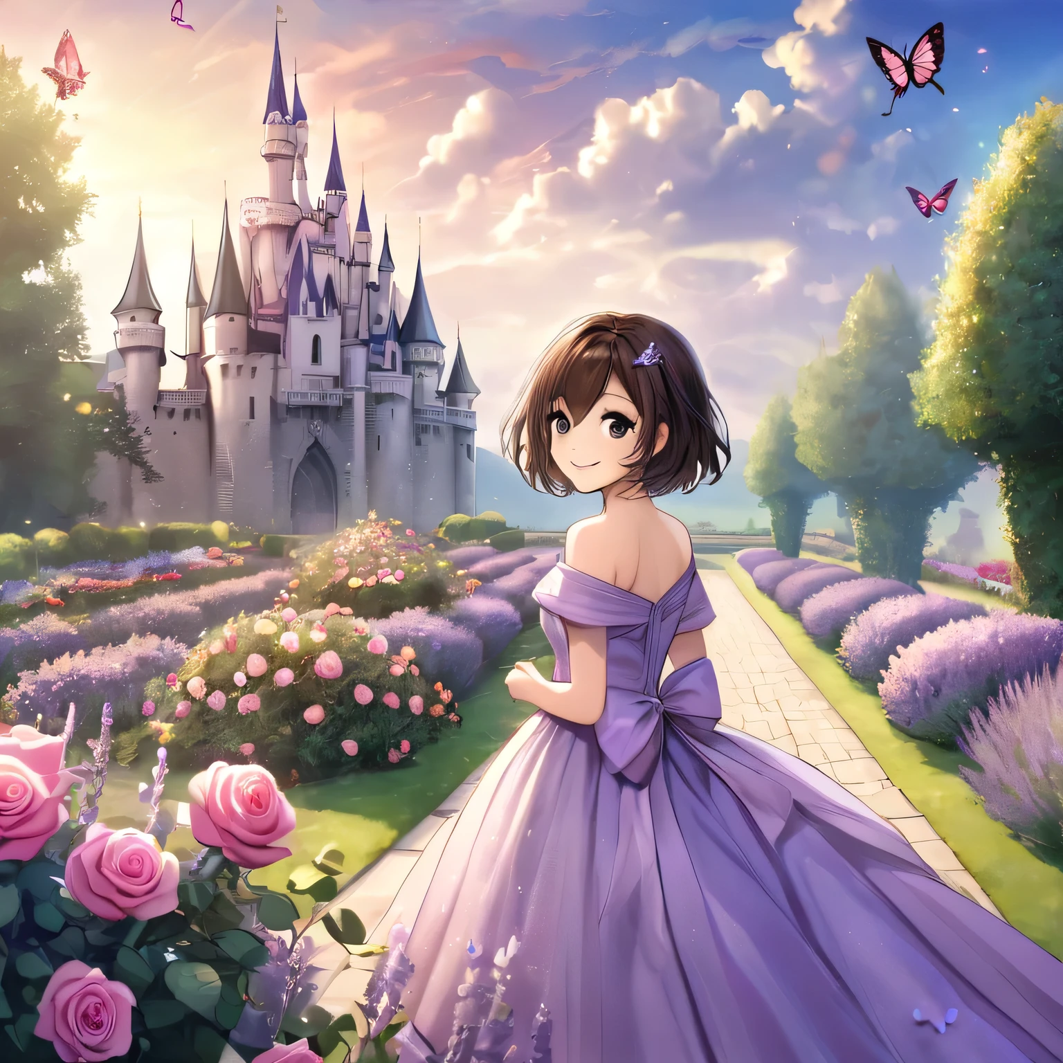 girl, dark brown short hair, lavender gown, with ribbon and flower, black eyes, castle,rose garden, fantasy, smile, butterfly