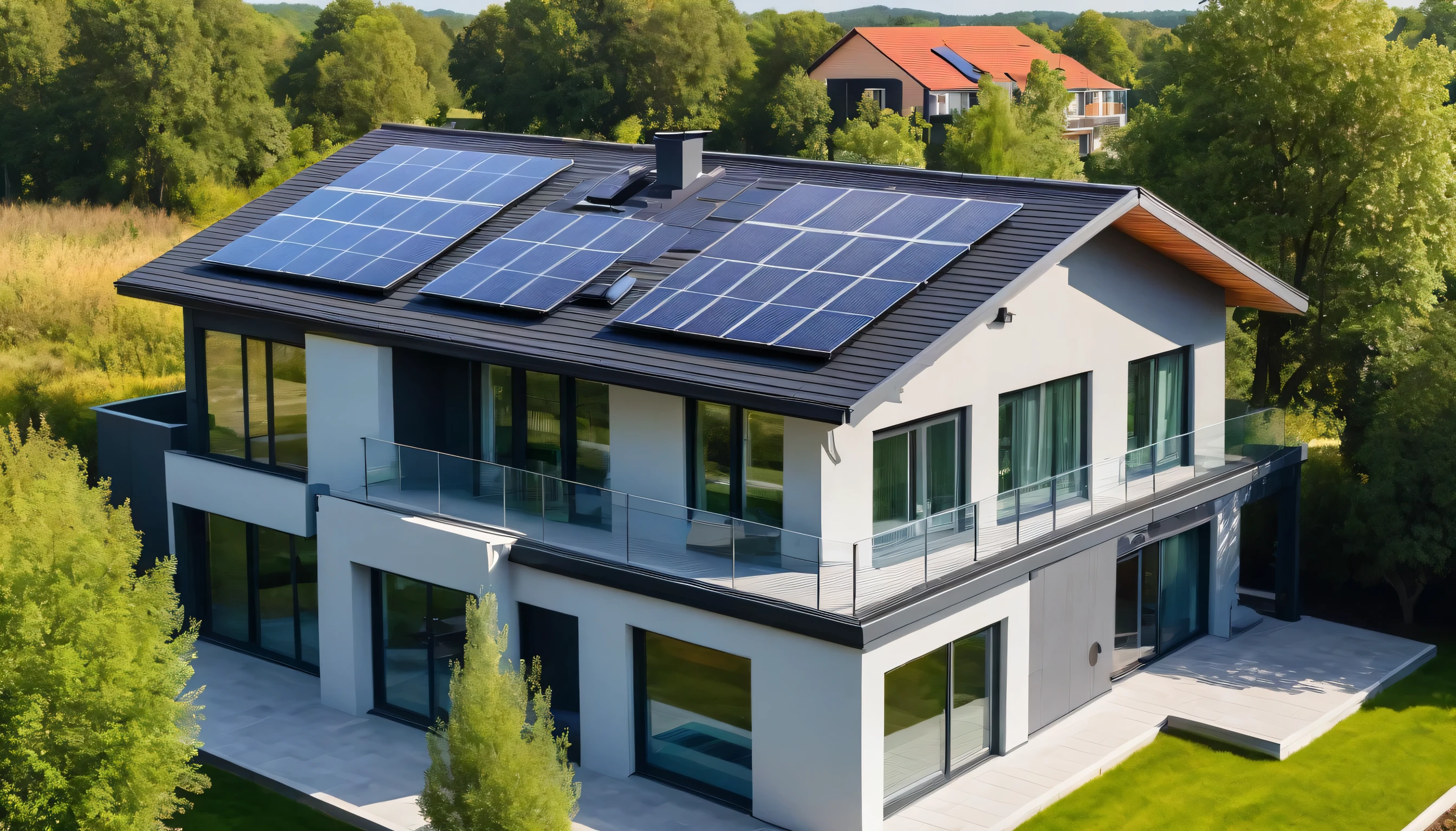 close-up of a new suburban home with a solar panel system on the roof. modern eco-friendly minimalist house with solar panels on the roof, with sunlight in the morning