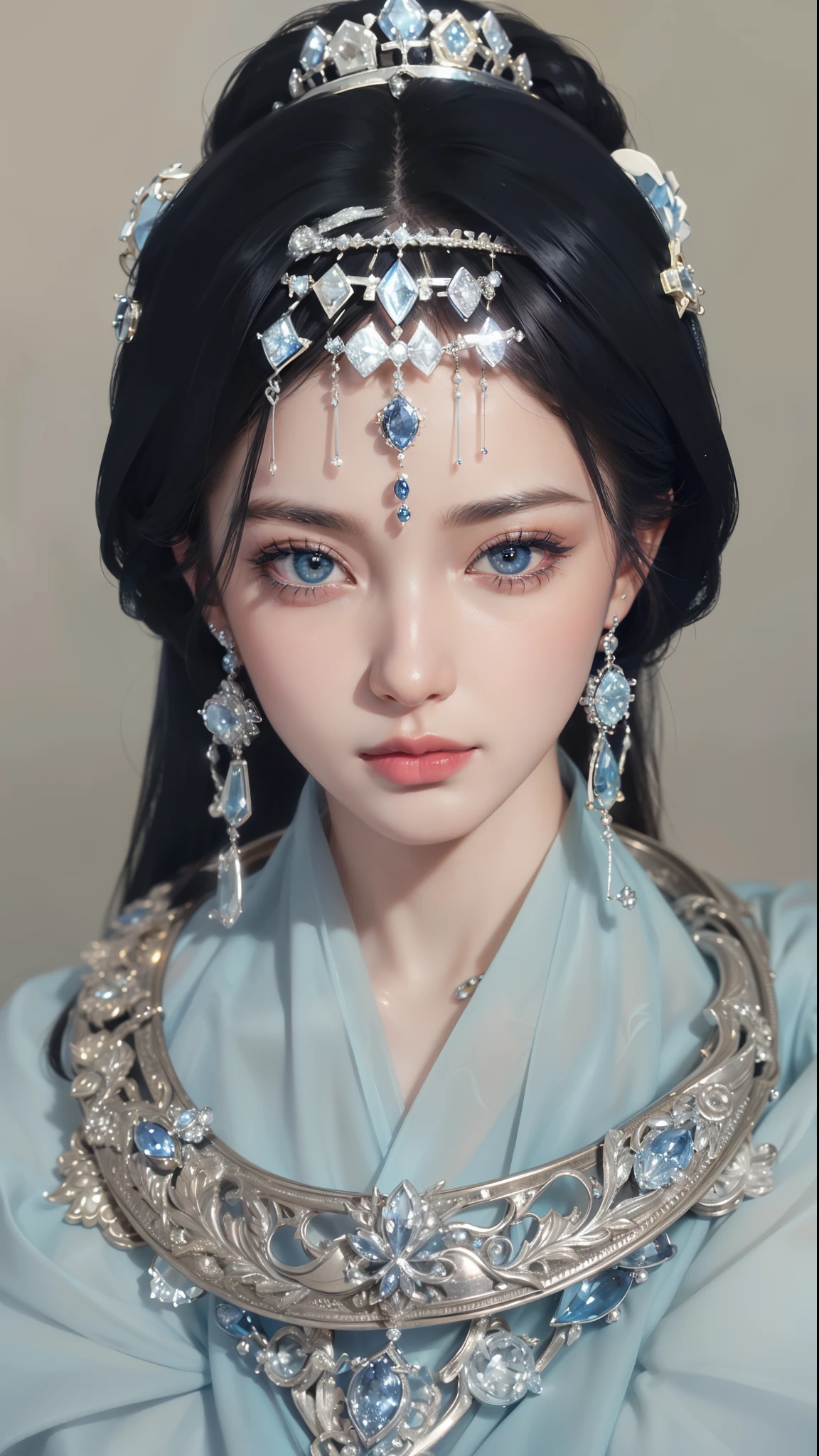 Super detailed, Delicate face, Realistic style, Stock Photography , rich and colorful, Surrealism, Realistic textures, Dramatic Lighting, Thin Film Distiller 800 (8K, original photo, Better quality, masterpiece: 1.2), Super detailed, (Extremely delicate skin: 1.2), 8K Ultra HD, SLR camera, Soft Light, high quality,Snow Queen,ice castle,Blue pupils,Apply red lipstick,Tattoo goddess,With tattoo pattern,Ultra-clear portrait,Wearing necklace jewelry,apply lipstick,Wear heavy makeup,The facial texture is very clear,Beautiful tattoos on the body,Deep blue eyes(Sapphire-like pupils),A crown of luxury,Diamond necklace,Lace Print,Beautiful goddess,Chinese Princess,Gorgeous and exquisite jewelry