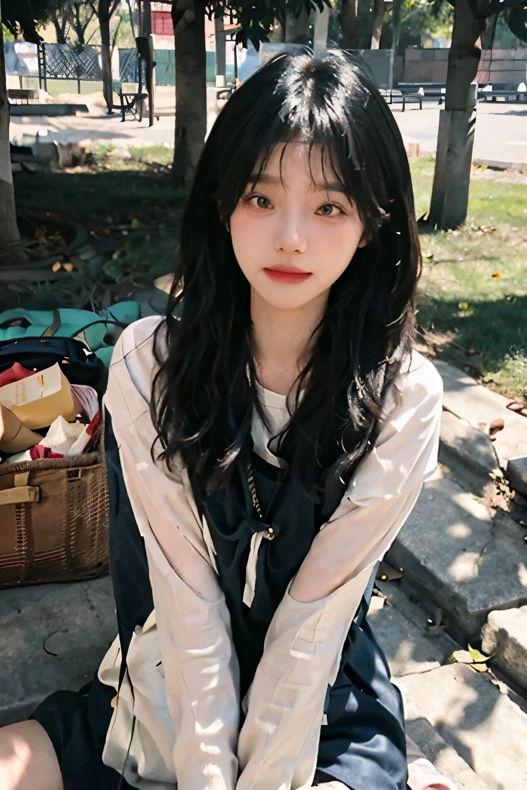 Create an illustration of a 21-year-old Korean girl. She is sitting on a picnic blanket in a park on a sunny afternoon, looking excited and happy as she prepares a picnic. She has a cute and innocent appearance with a charming and sweet demeanor. Her outfit is in a cute Korean style, consisting of a [black and pink dress] that enhances her youthful and angelic look. Her hair is styled in a simple yet elegant manner, and she has a gentle blush on her cheeks, showing her shyness and innocence. She is surrounded by homemade treats, including kimbap, as she nervously fidgets with her fingers, waiting for her loved one to arrive. The background shows a beautiful, sunlit park with green grass and trees.