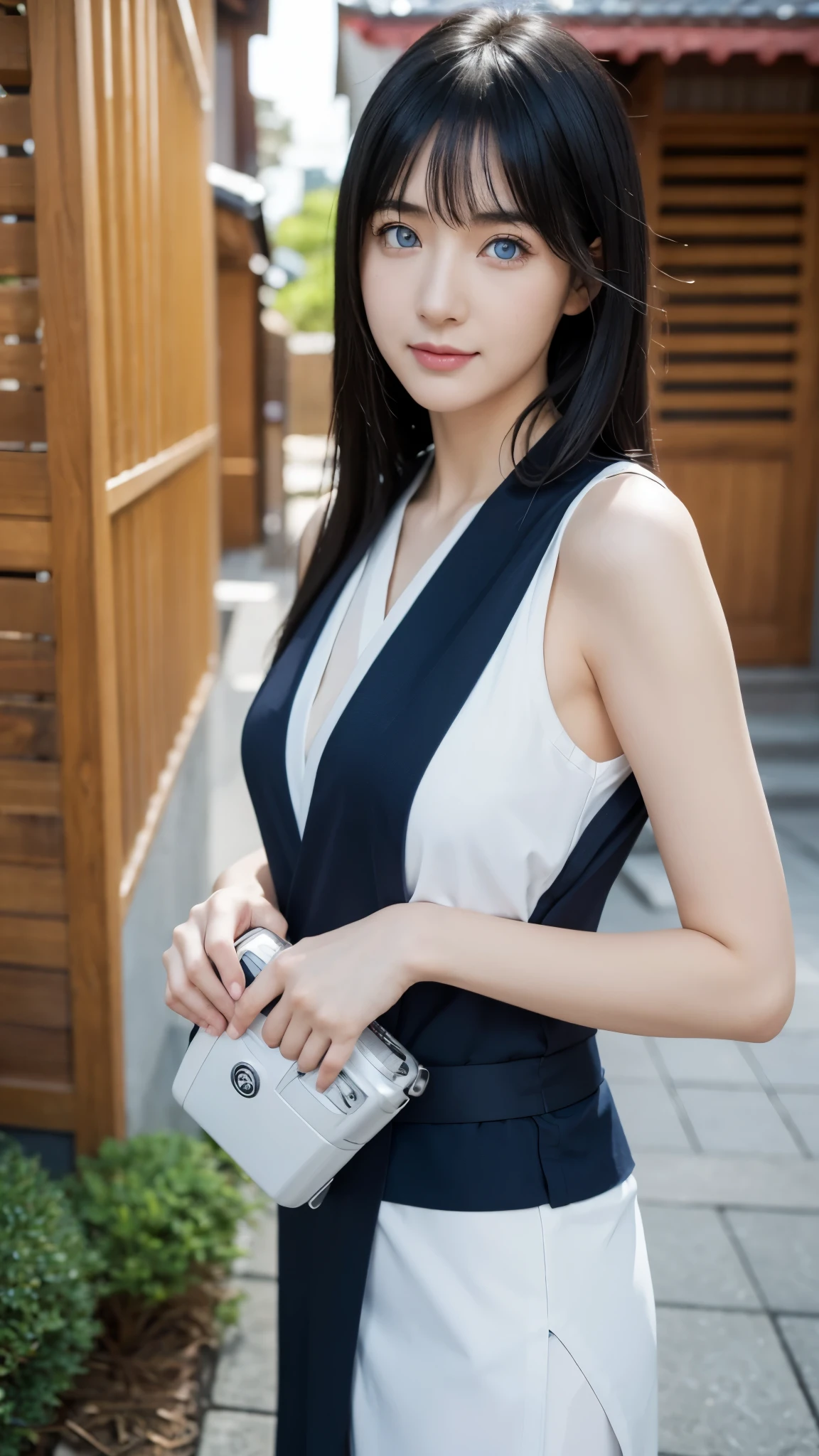 The image shows a woman with almost half of her body, selfie style in front of a DSLR camera, high resolution, clear photo quality, HD with striking blue eyes. His skin is white, and long straight black hair. This character is Hinata Hyuga, in the anime Naruto Shipunden. Transform her into a realistic character, wearing a Japanese Ninja Konoha . beautiful and smooth face. funny, original, realistic, set in a Japanese residential street, very real, very detailed body, perfect body, thin smile expression, elegant face, detailed