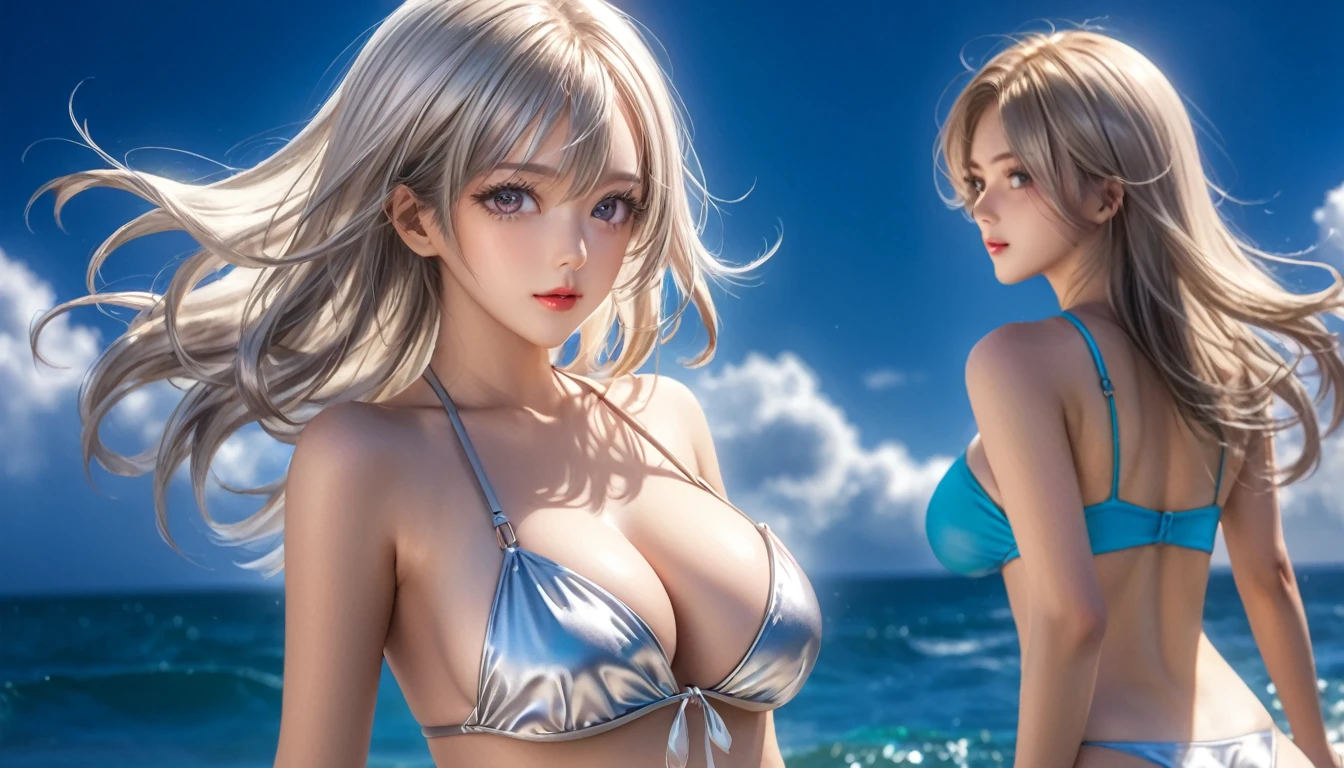 translucent, Good velvet quality, Compared, Divine Light,, Silver gray hair, Sky background, Absolute Strength,Female angels,A ray of light with the right proportions,Girls in sexy bikinis, at the seaside, Colorful jewel-like eyes.,Large Breasts,Full breasts,Golden ratio figure,Perfect body,Ultra wide-angle shooting,Full body shot,Body close-up,A blonde looking at the audience, Wear bikini clothing, Model shooting style, Large Breasts,Full breasts,Golden ratio figure,Perfect body,(Extremely detailed CG 8k wallpaper unit), The most beautiful artistic photos in the world, , 8K Ultra HD, Digital SLR Camera, soft light, high quality, Film Grain, Fujifilm XT3 Clear focus, f 5.6, High Detail, Clear focus, Dramatic, (Wearing openwork clothing), (Looking at the audience:1.2), (Natural light), (Tempting)
