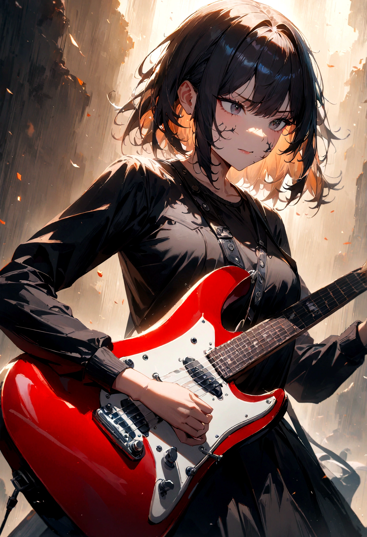 1girl, Guitarist, a guitarist playing an electric guitar, detailed facial features, intricate guitar details, dramatic lighting, moody atmosphere, cinematic composition, oil painting, vibrant colors, dramatic shadows, skilled musician, intense expression, dynamic pose, studio setting, professional quality, masterpiece, best quality, very aesthetic, absurdres