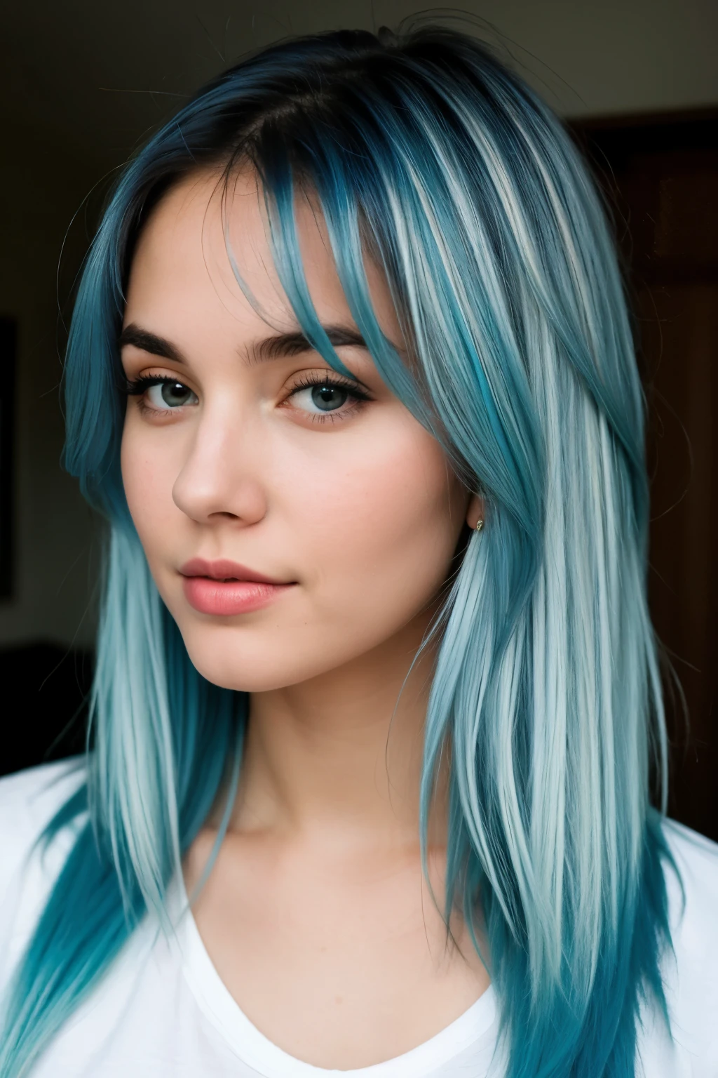 women face, blue hair with highlights, white, looking to the right, like thye last one