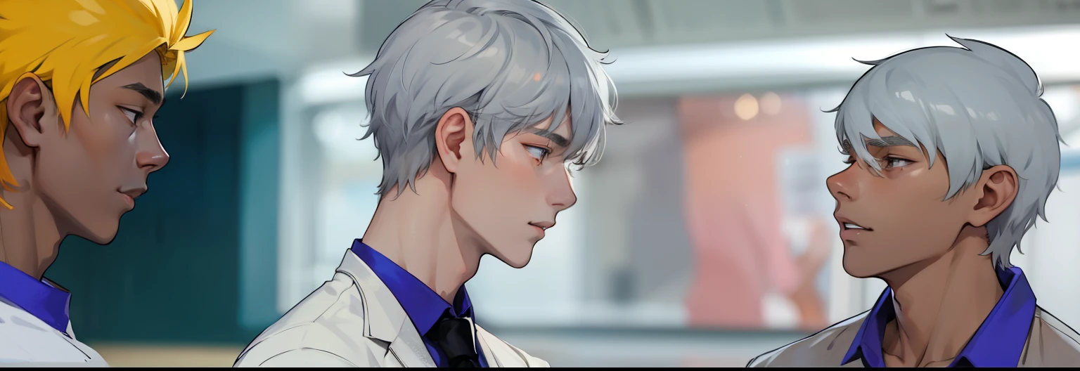 There are three young men, 17 years old, gray hair.
