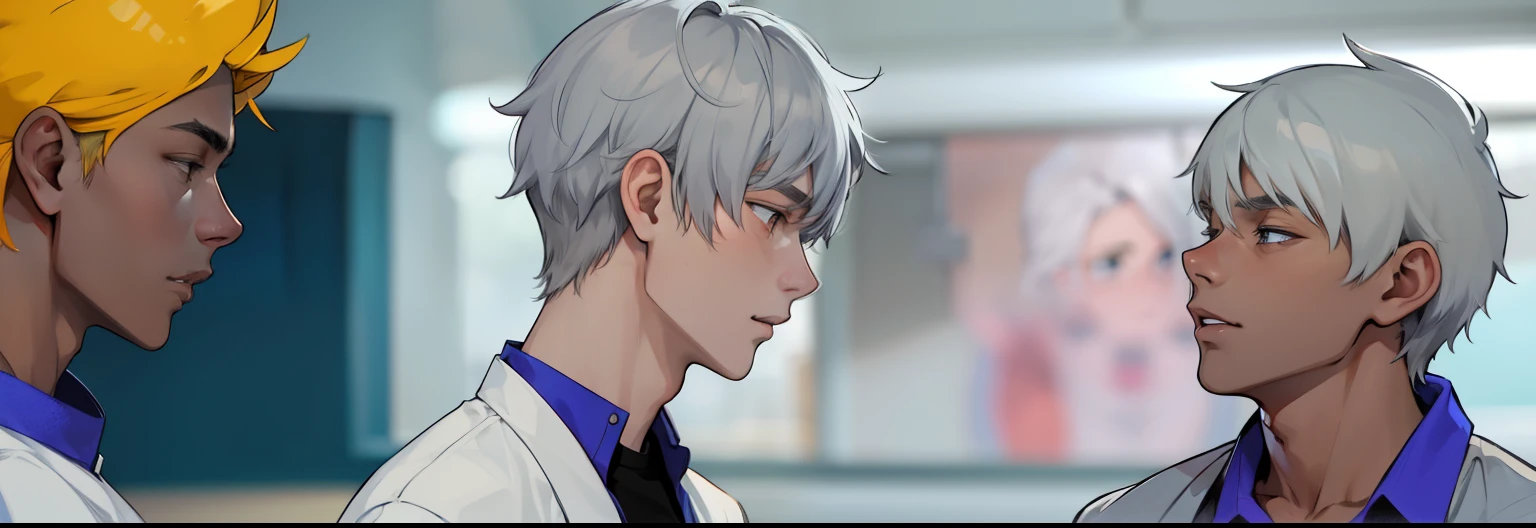 There are three young men, 17 years old, gray hair.