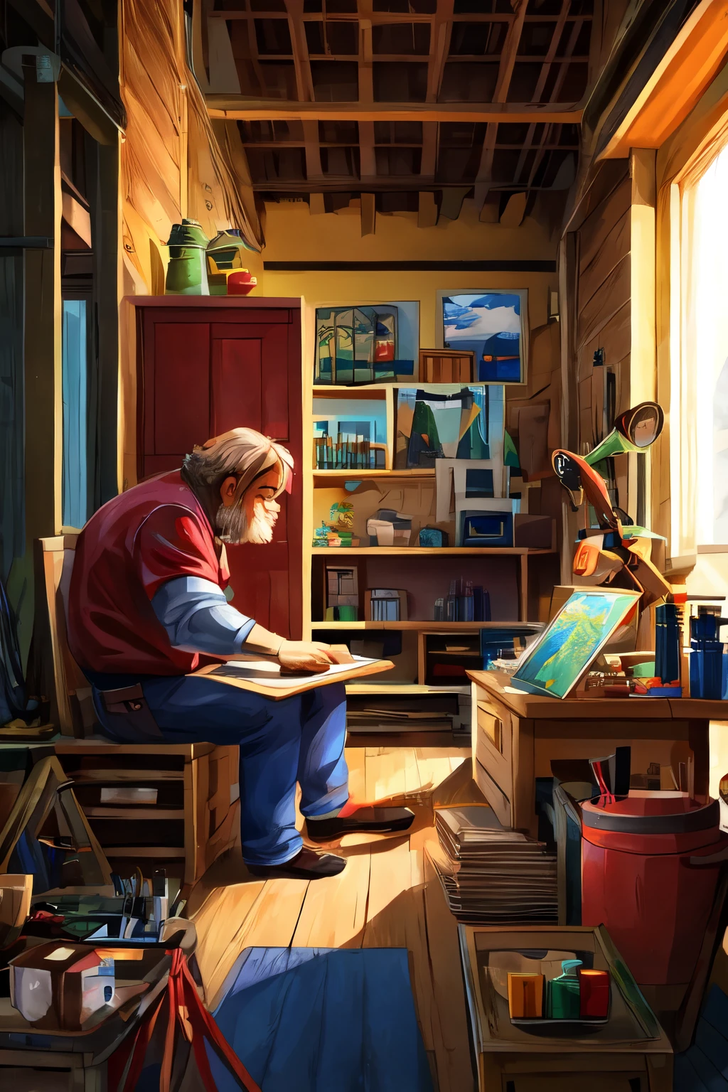 Illustration style，A craftsman is busy in the studio