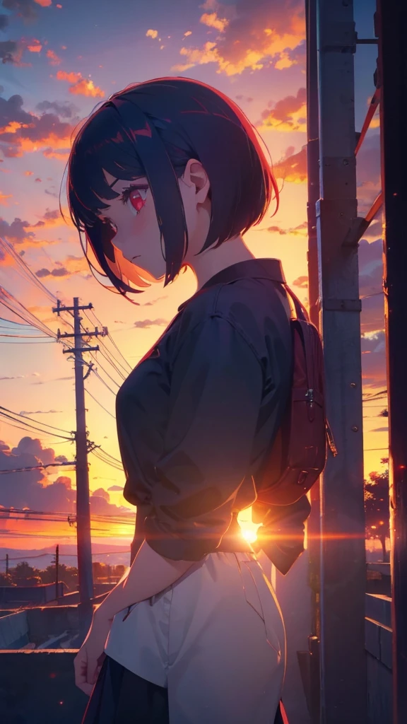 girl with short bob hair,Red eyes ,A shining sunset,sunset,Side view
