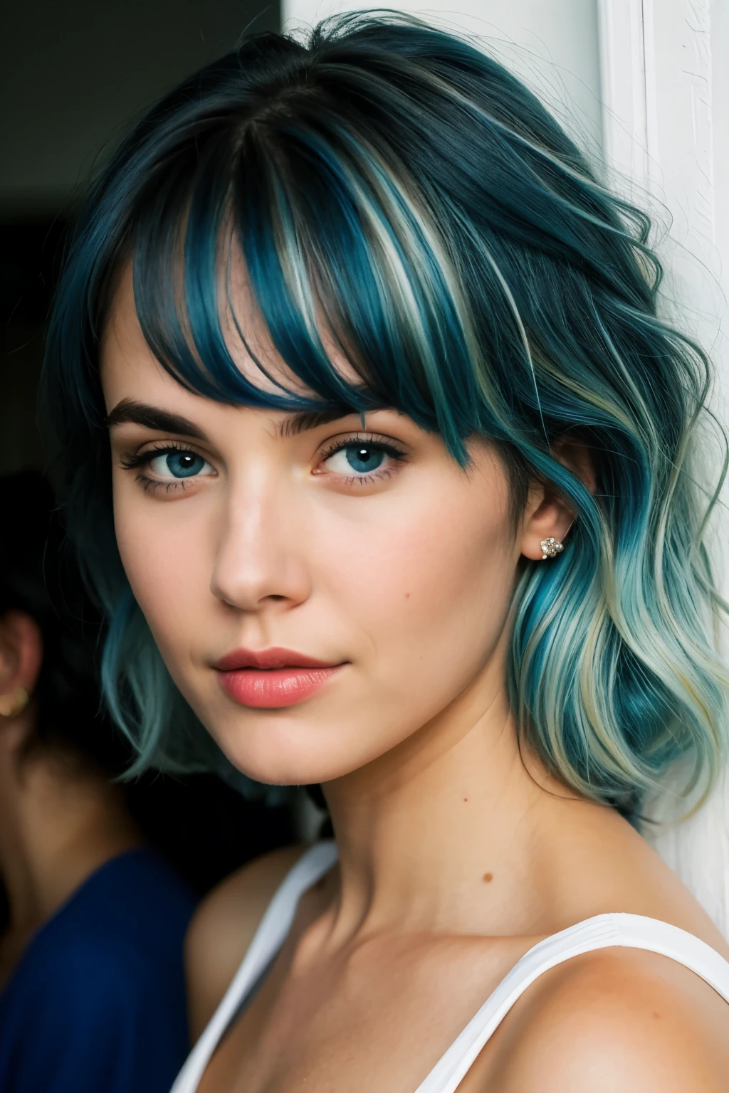 women face, blue hair with highlights, white, looking to the left
