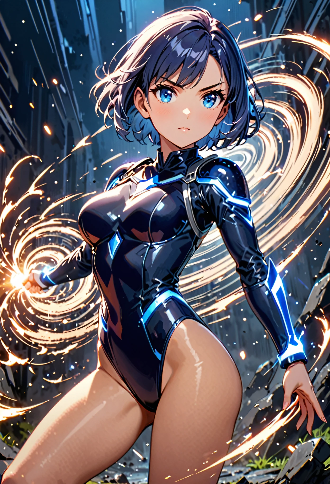 masterpiece, best quality, 1girl, superhero, ((leotard, dark blue leotard)), long sleeves, bare legs, boots, dark blue boots, matching boots, medium breasts, diffraction spikes, light particles, standing, standing straight, dark blue hair, ((short hair, bob hair)), blue eyes, beautiful detailed eyes, beautiful detailed face, cute face, (perfect hands, complete fingers, perfect anatomy, perfect proportions), heroic, ((star symbol on the chest)), serious, full body with costume, full body, cowboy shot, ((raised arms, spins fast in place like a tornado, she spins at an incredible speed, creating a whirlwind of air around her, cyclone spinning)), ((spiral lines, spinning energy pulse around her)). Curved Sword Slash.