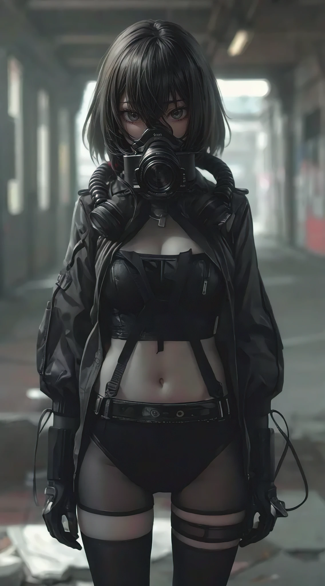 cyberpunk futuristic beautiful anime girl, girl wearing gas mask, girl in realistic urban environment, girl wearing black tights, highly detailed, photorealistic, 8k, dramatic lighting, cinematic composition, neon city, cyberpunk aesthetic, moody atmosphere