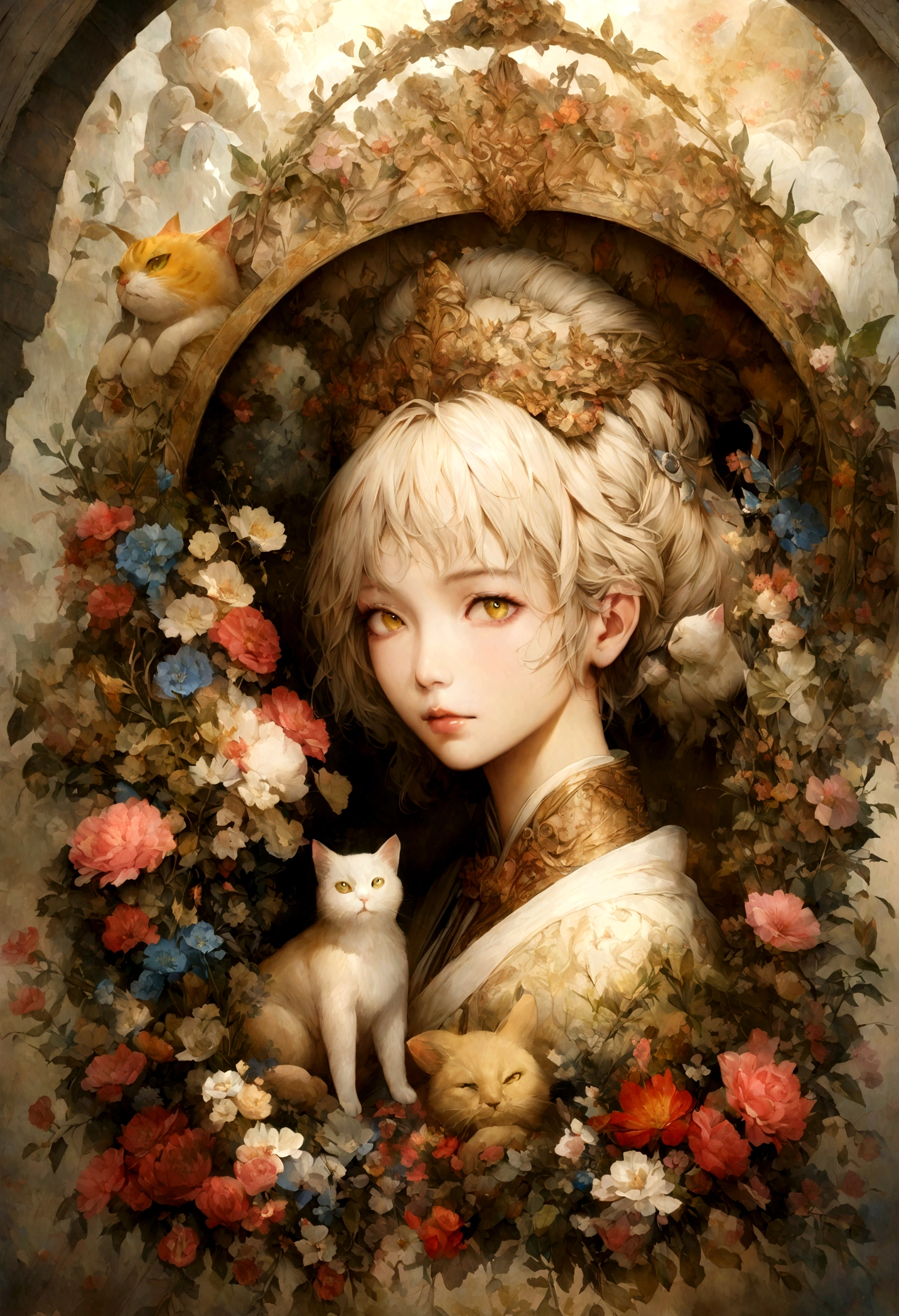 A whirlwind of magical golden breeze, and a ghostly-looking golden-furred male cat with greenish-yellow eyes. Hayao Miyazaki dream style, surreal animal illustration, exterior, sky, white clouds, arch, flowers, meiji art, light color painting, rich layers, realistic figurative painting, realistic portrait style with hyper detail, neotraditional Japan, soft edges, fantastic illustration (highly detailed CG unity 8k wallpaper), clean background, natural light, best quality, hyper detail