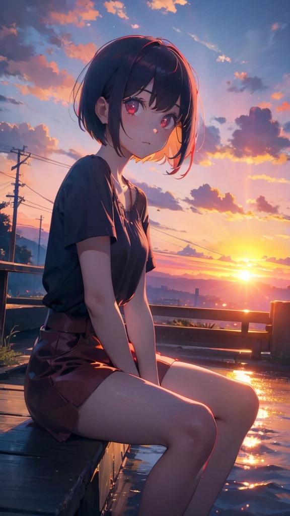 girl with short bob hair,Red eyes ,A shining sunset,sunset,Sitting