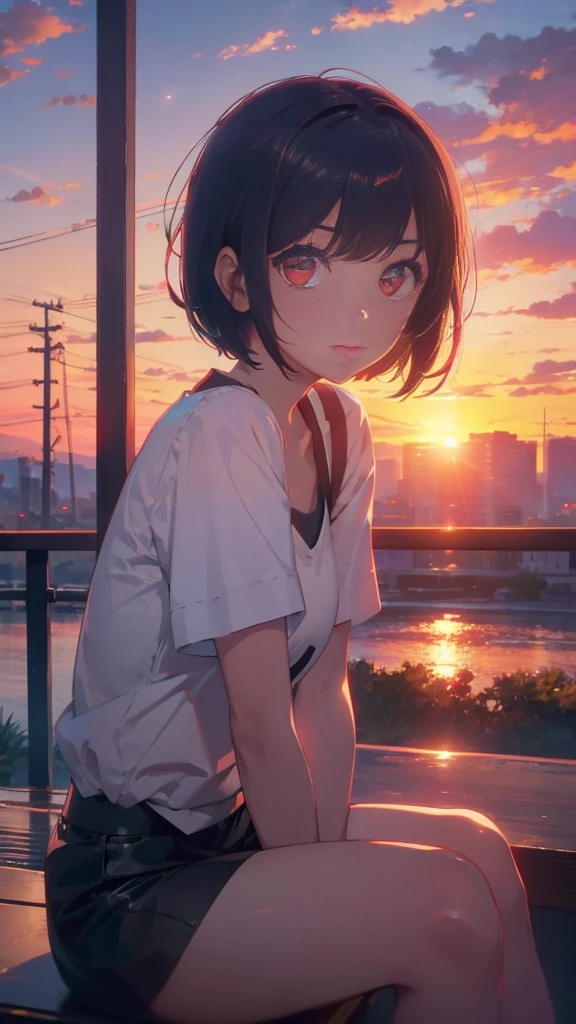girl with short bob hair,Red eyes ,A shining sunset,sunset,Sitting