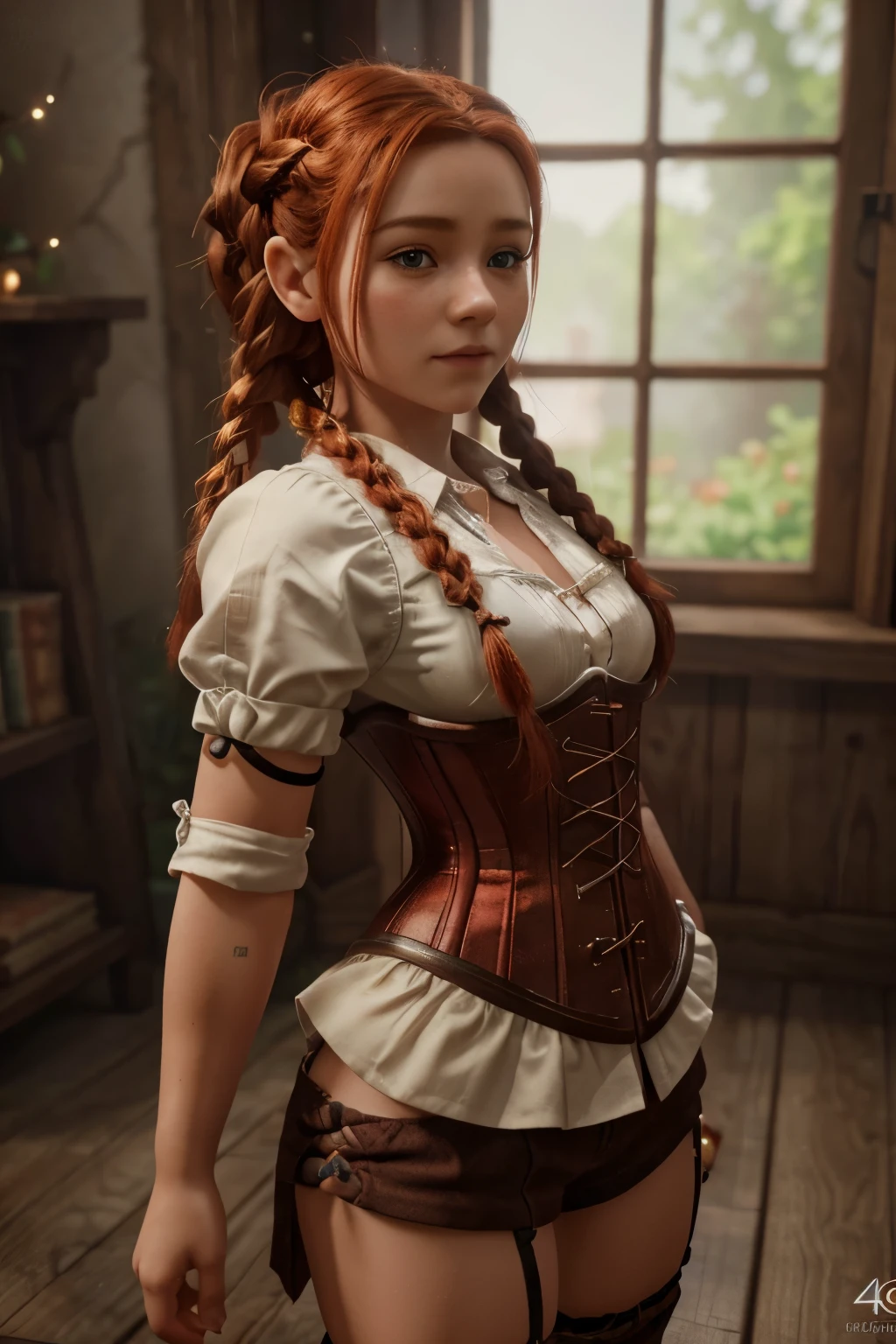 a small gnome girl with bright red hair in braids, wearing a corset and a white shirt, highly detailed, masterpiece, (best quality,4k,8k,highres,masterpiece:1.2),ultra-detailed,(realistic,photorealistic,photo-realistic:1.37),fantasy,intricate details,magical,whimsical,warm colors,soft lighting