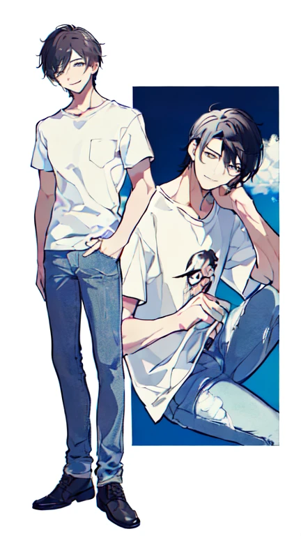 (masterpiece、最high quality、high quality)、((((dramatic)))、(((intense)))Full body image of a young man。Light jacket、White T-shirt、jeans。Black Hair、short hair、standing、relax、Hair tied up、Two-tone hair、summer、smile、White bangs