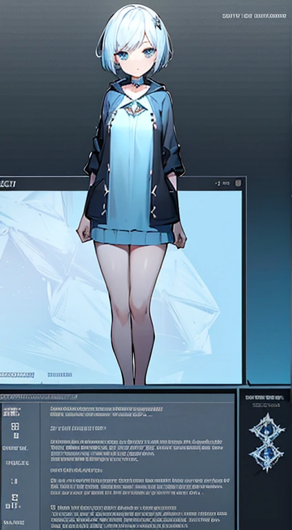 crystal ethereal girl, (CHARACTER SHEET), WHITE SHORT HAIR, BLUE EYES, (((COZY OUTFIT))), ((colors black blue white red))