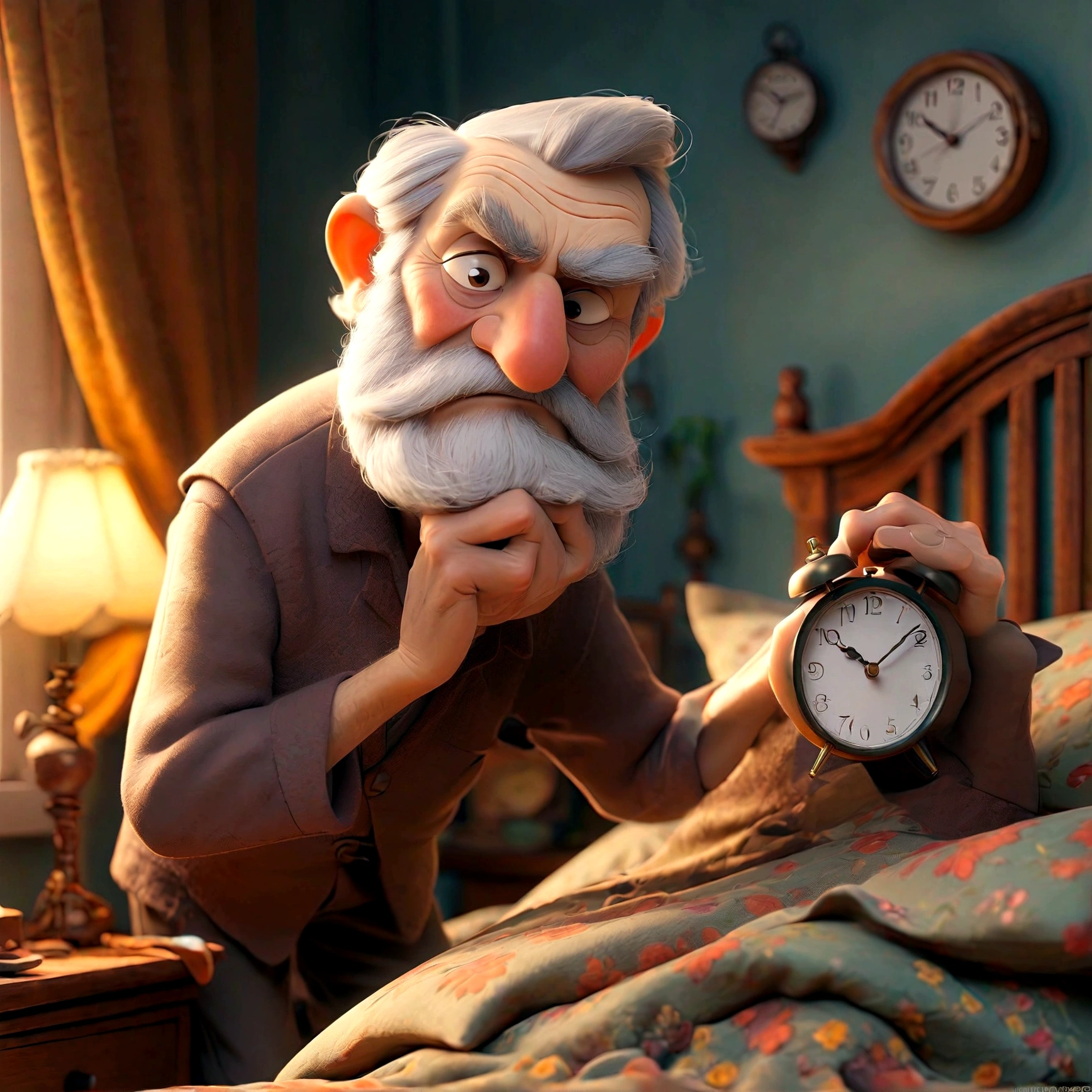 elderly man (65 years old), dark hair and gray beard, wakes up in bed (clock says 10 am) looking sleepy - the room is quite messy