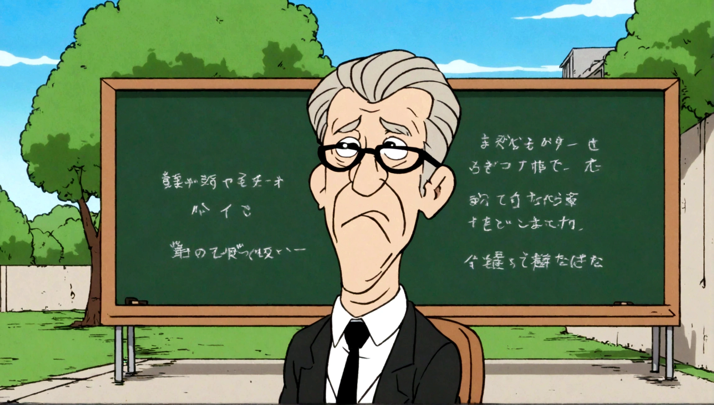 cartoon of an old man with a black tie and black shirt writing on a blackboard, modern cartoon, inspired by Bickenbach, comic character, comic book character, vhs screenshot effects, inspired by Al Feldstein, inspired by Milton Caniff, subgenius, man has short black hair, modern glasses, young man, brown hair, sitting on a chair paying attention, a tree in the background with the blue sky
