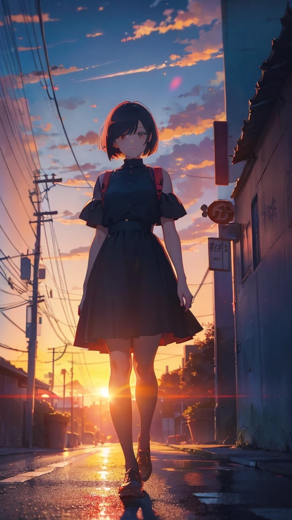 girl with short bob hair,Red eyes ,A shining sunset,sunset,Walking down the street,A distant view