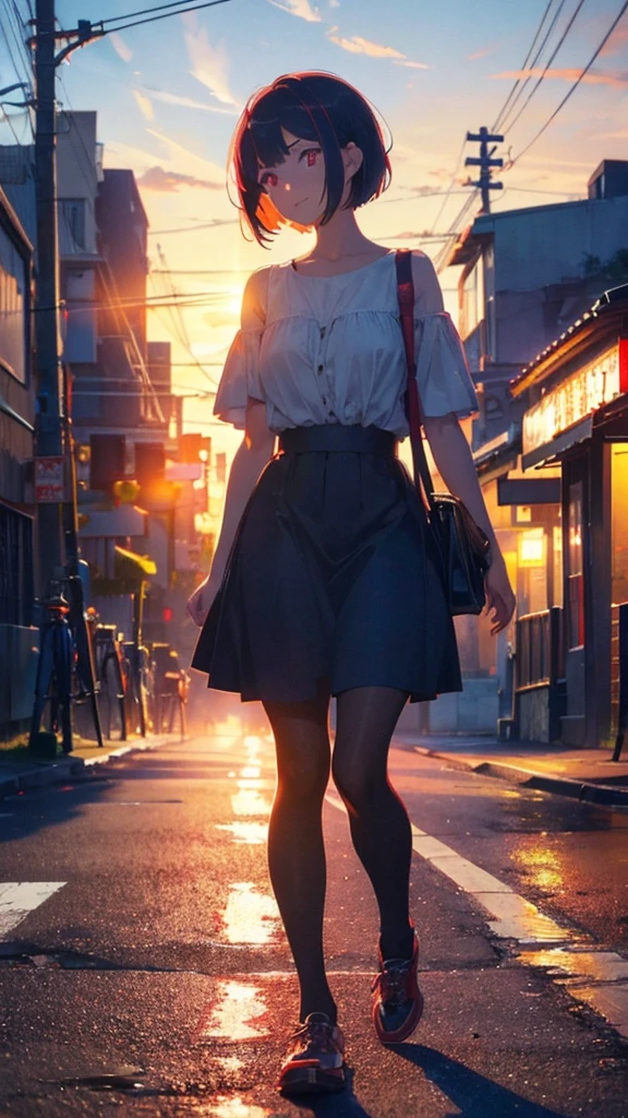 girl with short bob hair,Red eyes ,A shining sunset,sunset,Walking down the street,A distant view