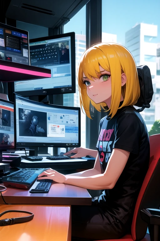 cara do sexo masculino, barba, olhos castanhos, cabelo castanho,medium hair, sentado em frente a um computador, codification, Cup of coffee, teclado, mouse para computador, cidade cibernetica fora da janela, horizonte, focado no trabalho, estilo cyberpunk