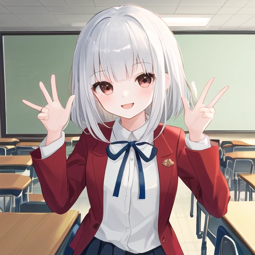 One girl、15 years old、Silver Hair、Bob Hair、Red blazer、ribbon、skirt、Smile、classroom、whole body