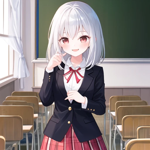 One girl、15 years old、Silver Hair、Bob Hair、Red blazer、ribbon、skirt、Smile、classroom、whole body
