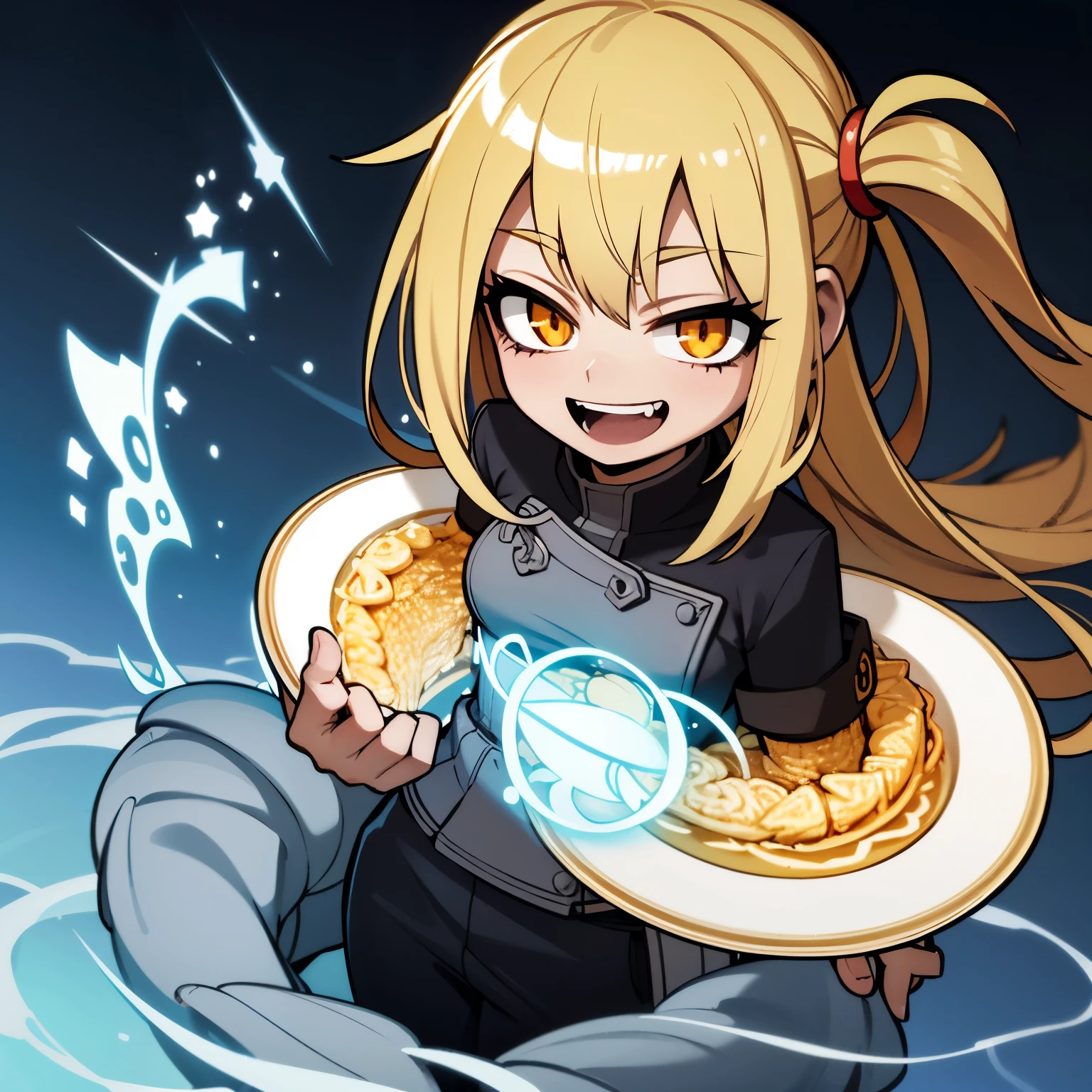 UHD, high detail, high quality, high resolution, 4K, girl, dressed in tournament plate armor, on the armor is the symbol of the anime guild Fairy Tail, eye contact, smile stretched with fingers, smile with fangs, closer to the camera
