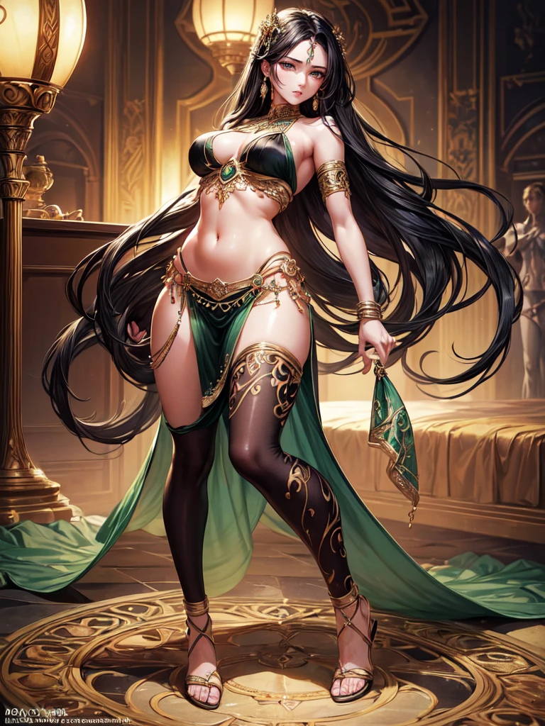 (masterpiece, Best quality, a high resolution, ultra detailed),(Beautiful and aesthetically pleasing:1.2), detailed eyes and face, whole body, 1 woman, adult, (black long hair), (green eyes), female body, Beautiful body, perfect body, harem suit, belly dancing costume, harem, dancer, sandals, belly dance