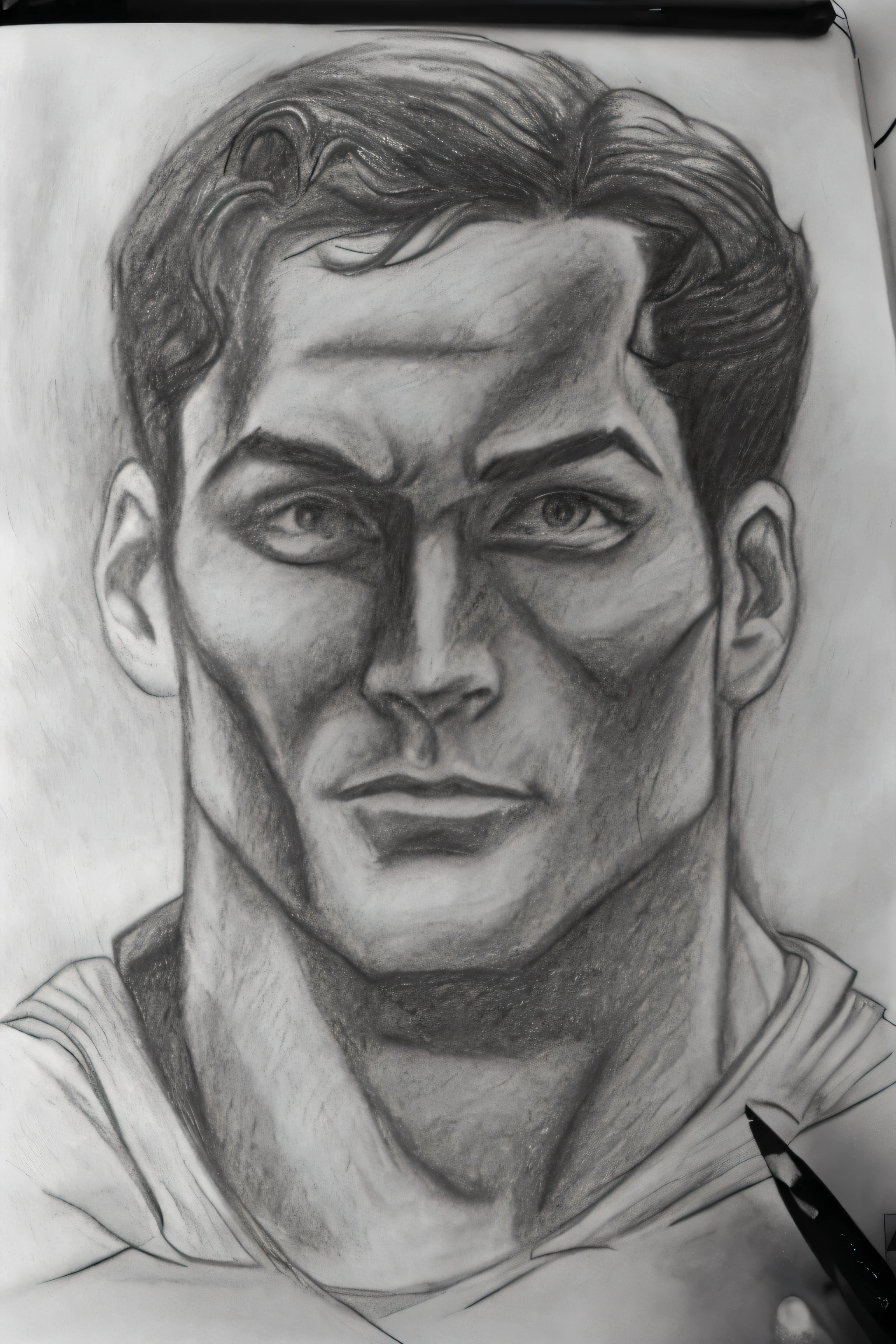 A pencil sketch of superman, less detailing, a lot of errors, over lining, messy, drawn in a square-lined diary, no shading, no blending, no portrait, no light source on face, no pixels