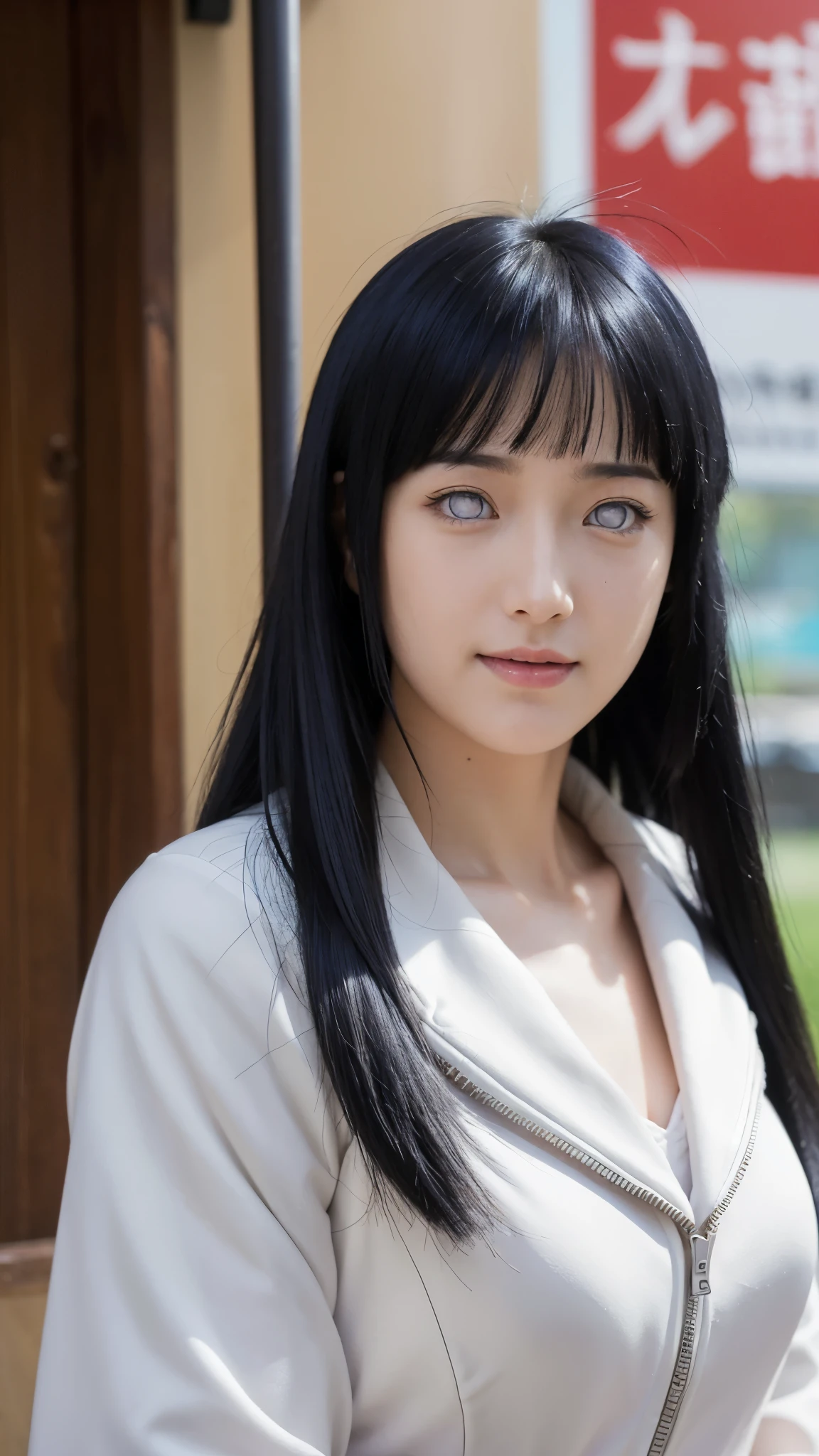 The image shows a woman with almost half of her body, selfie style in front of a DSLR camera, high resolution, clear photo quality, HD with striking blue eyes. His skin is white, and long straight black hair. This character is Hinata Hyuga, in the anime Naruto Shipunden. Transform her into a realistic character, wearing a costum selebritis  . beautiful and smooth face. funny, original, realistic, set in a Japanese residential street, very real, very detailed body, perfect body, thin smile expression, elegant face, detailed