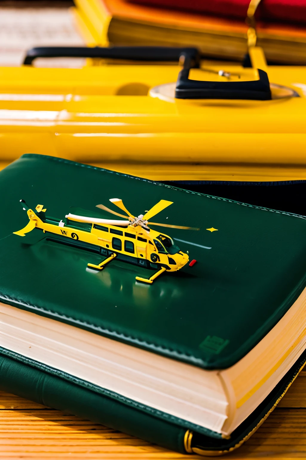 CREAT A HELICOPTER CARRYING A BIG BIBLE, AND THAT BIG BIBLE IS CARRYING A BIG SCHOOL BUS GREEN IN COLOR WITH AN INSCRIPTION WRITTEN, "THE LORDS' CHOSEN"