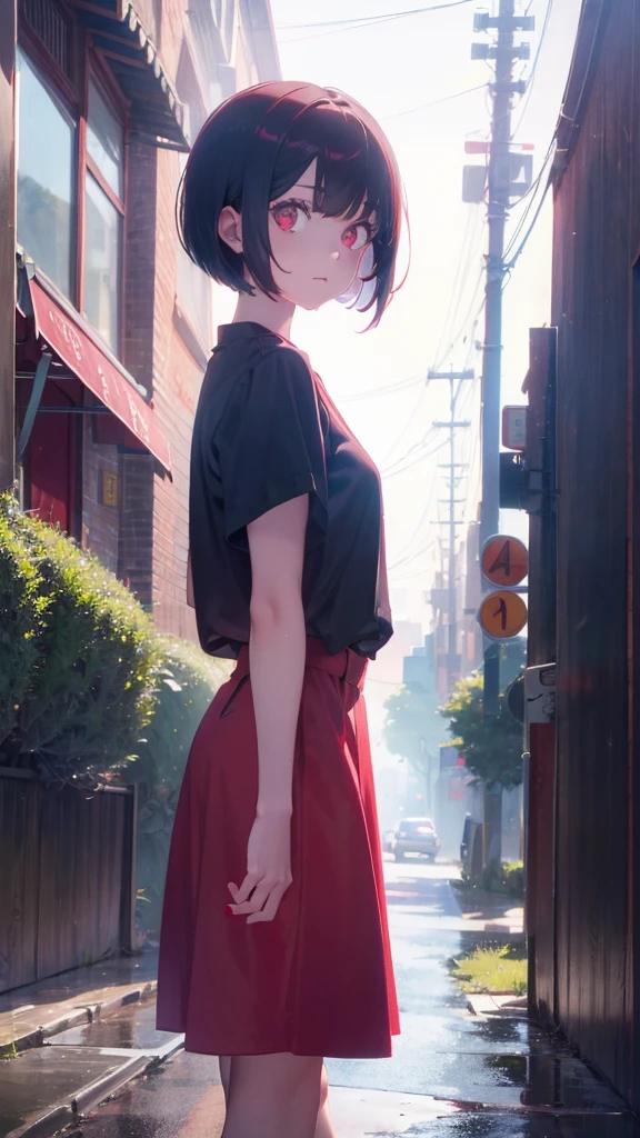 girl with short bob hair,Red eyes ,Walking in Heaven