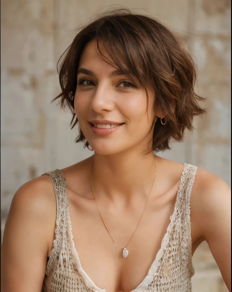beautiful Greek woman, ((short messy bob hairstyle)), smiling, happy, mature woman, model, portrait, relaism, (background outdoors blurry)
