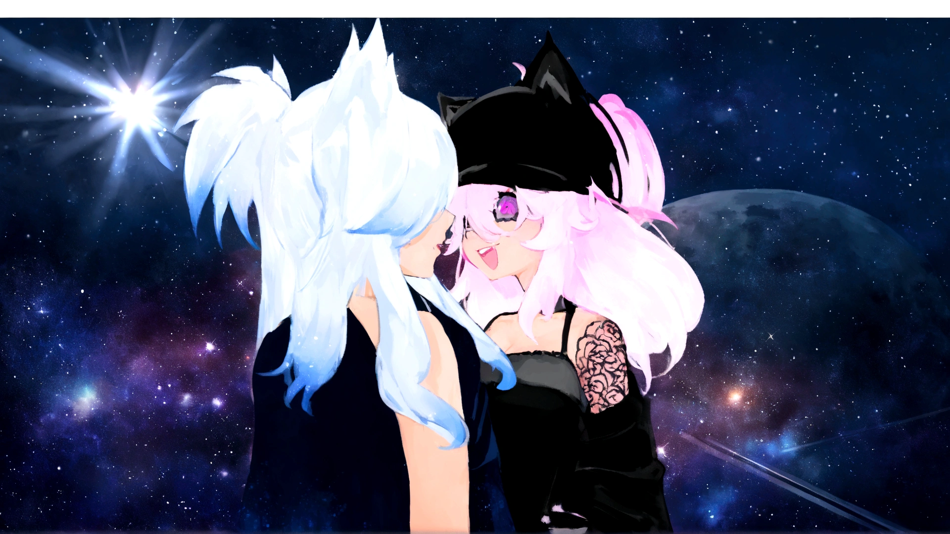 garota de anime com cabelo rosa e roupa preta ao lado de outra garota, beijando juntos cutely, ovelha, nixeu e sakimichan, tumblr, ☁🌪🌙👩🏾, anime vibes, ❤🔥🍄🌪, beijando juntos, vrchat, roupas de bruxa astral, ✨🕌🌙, Hidari e Vlop, chaos nightmare ❄️ amour