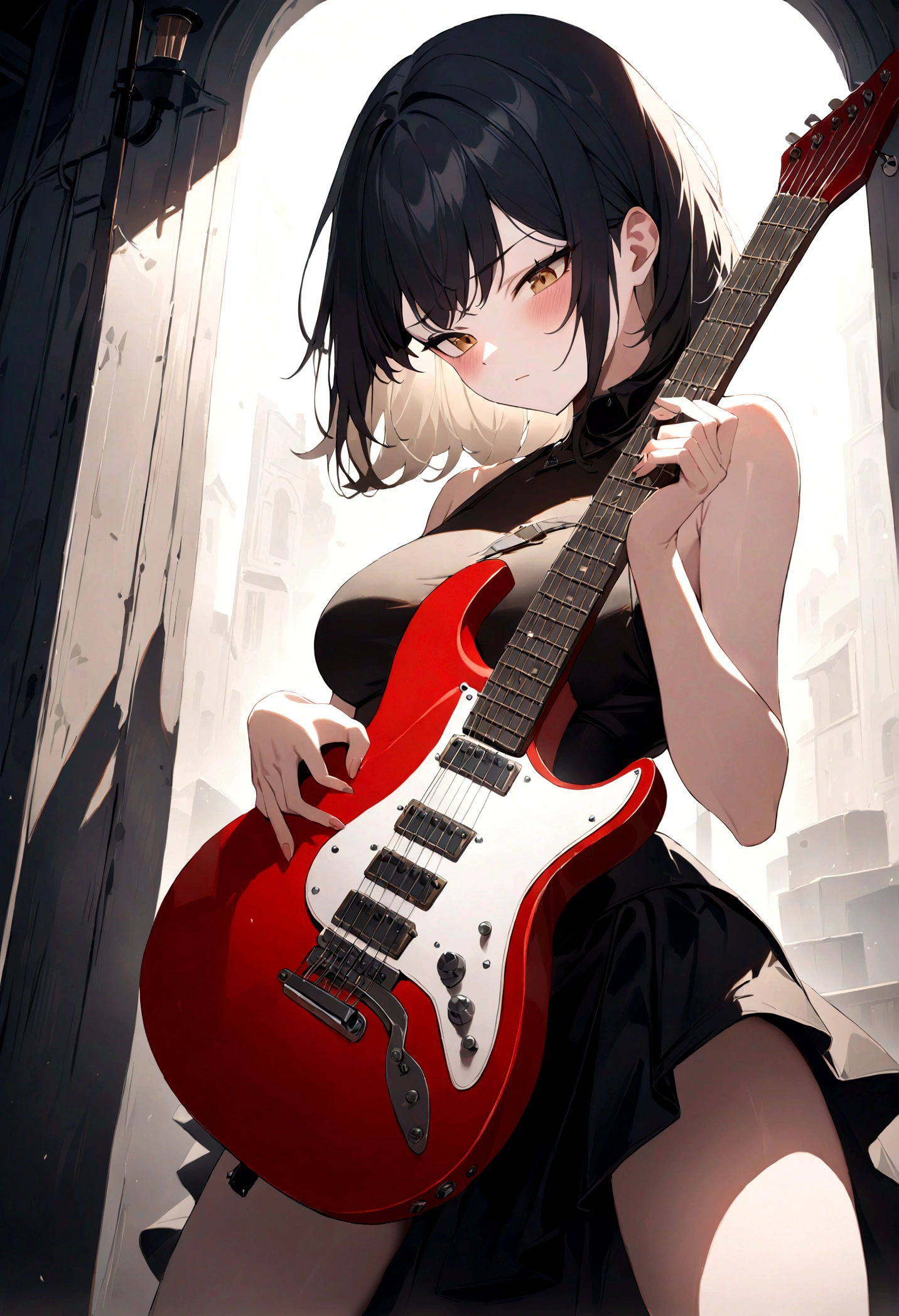 1girl, Guitarist, a guitarist playing an electric guitar, detailed facial features, intricate guitar details, dramatic lighting, moody atmosphere, cinematic composition, oil painting, vibrant colors, dramatic shadows, skilled musician, intense expression, dynamic pose, studio setting, professional quality, masterpiece, best quality, very aesthetic, absurdres