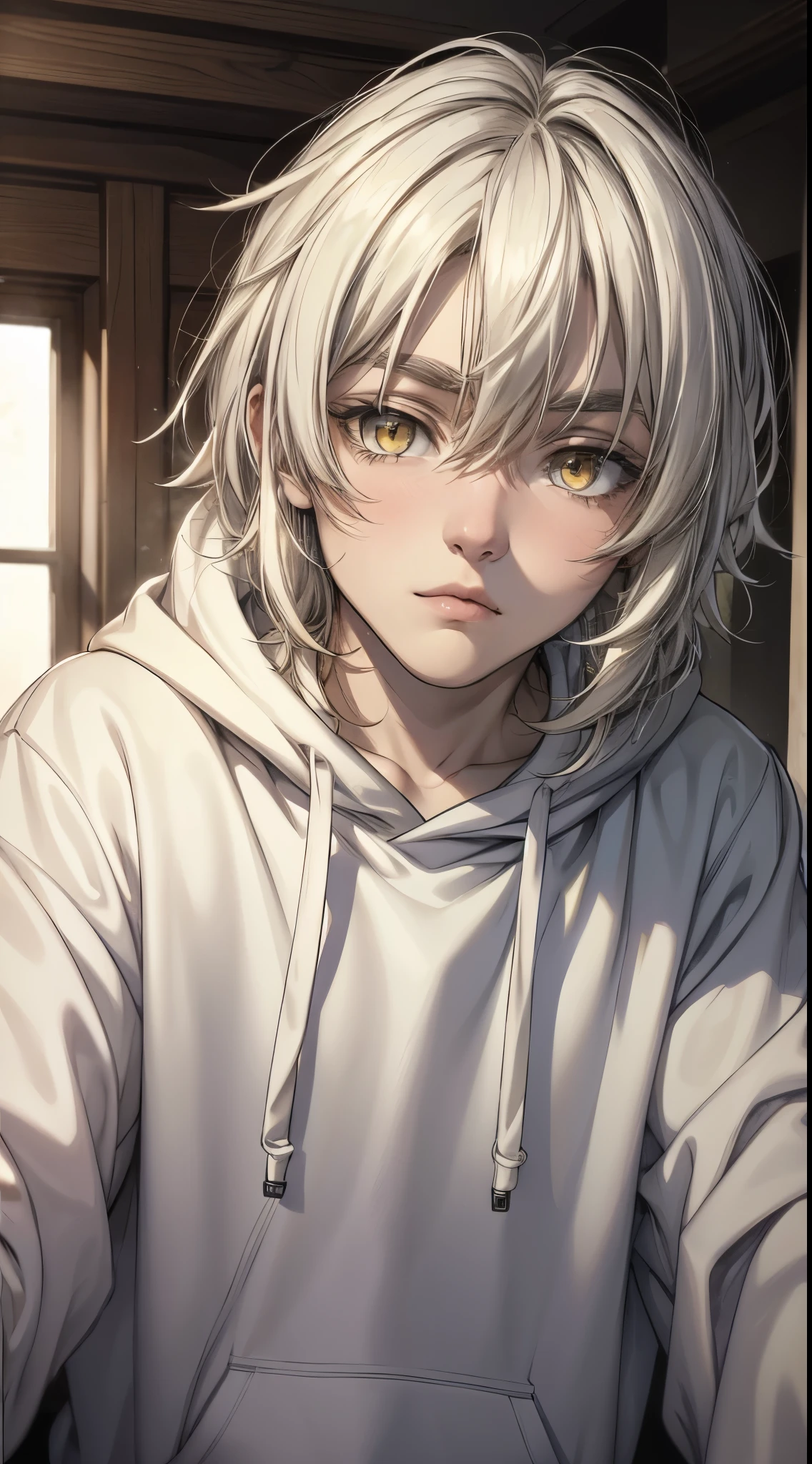 A cute 18 year old boy with fair skin, large eyelashed eyes, yellow eyes, long white hair, small plump lips, delicate and adorable appearance, wearing an oversized cropped hoodie, looking at the camera