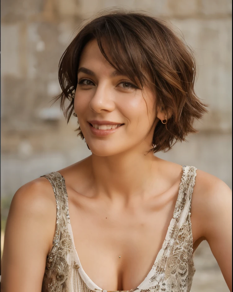beautiful Greek woman, ((short messy bob hairstyle)), smiling, happy, mature woman, model, portrait, relaism, (background outdoors blurry)