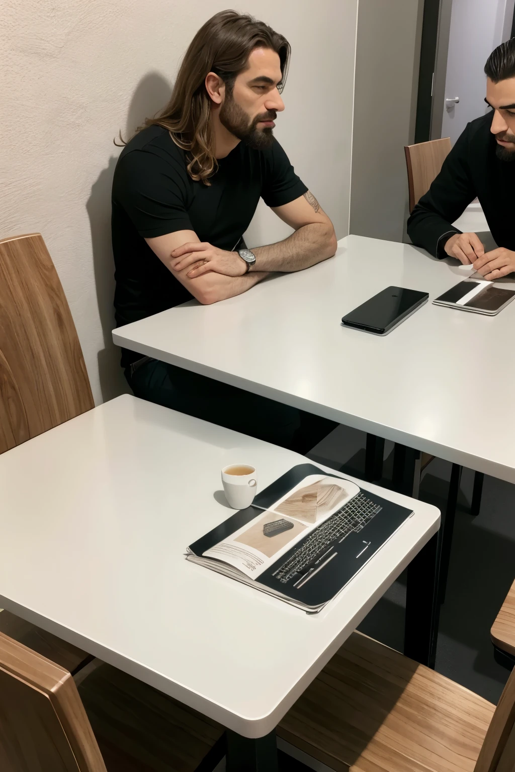 tres neandertais conversando em uma mesa de podcast com uma fogueira no meio da mesa. make two on the right side and one on the left side of the table. Paredes amarelas e chao de madeira