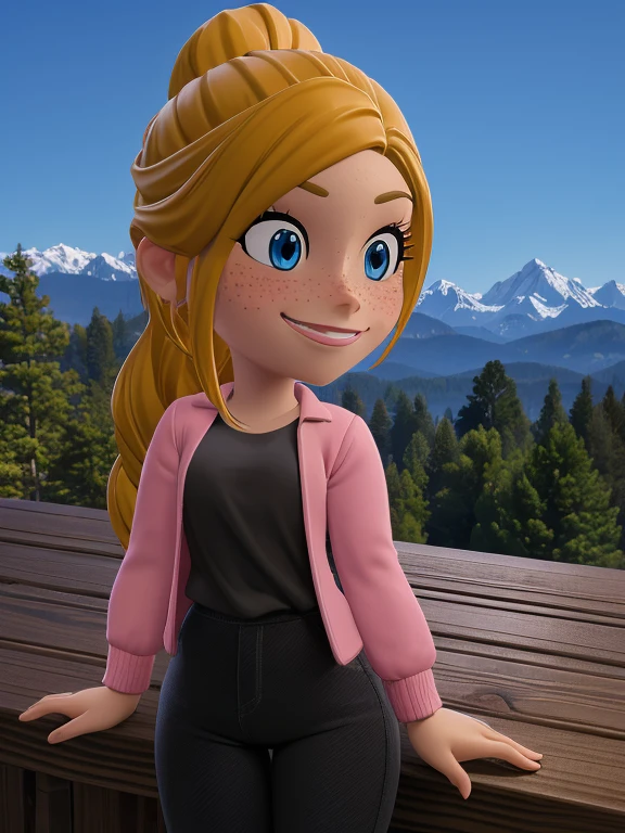 (best quality:1.3), (4K quality),masterpiece, best quality, high res, detailed, (Detailed face:1.2), (Detailed eyes:1.2), (Perfect figure:1.2), CARTOON, ANIME, CARTOON ARTSTYLE, 1girl, solo, freckles, blue eyes, blonde hair, braid, shirt, black shirt, jacket, pink jacket, long sleeves, large hip, pants, black pants, black footwear, smile, close up, portrait, perfect eyes, (Background: Outdoors, overlooking valley, redwood trees, view of the mountains)