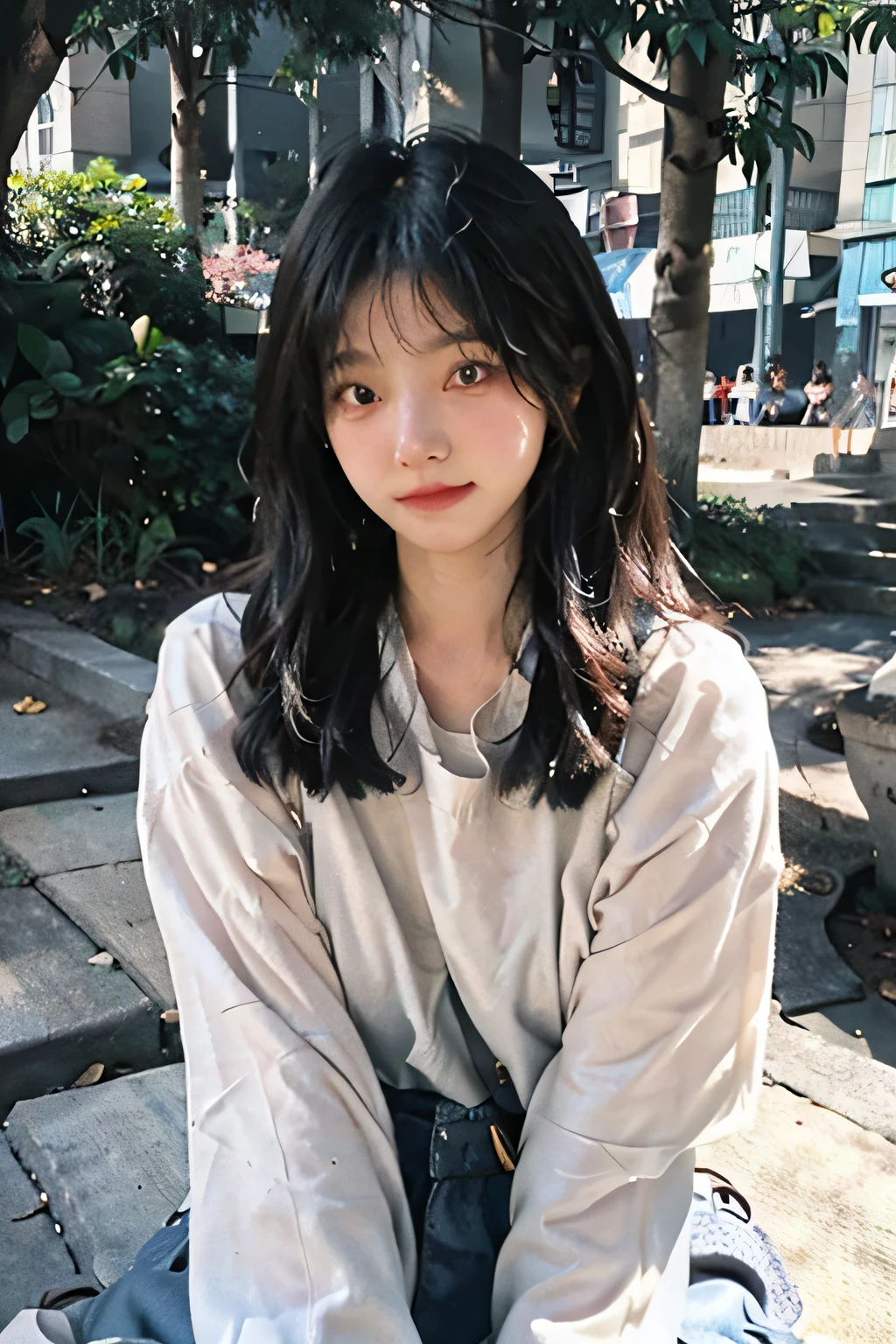 Create an illustration of a 21-year-old Korean girl. She is sitting on a picnic blanket in a park on a sunny afternoon, looking excited and happy as she prepares a picnic. She has a cute and innocent appearance with a charming and sweet demeanor. Her outfit is in a cute Korean style, consisting of a [black and pink dress] that enhances her youthful and angelic look. Her hair is styled in a simple yet elegant manner, and she has a gentle blush on her cheeks, showing her shyness and innocence. She is surrounded by homemade treats, including kimbap, as she nervously fidgets with her fingers, waiting for her loved one to arrive. The background shows a beautiful, sunlit park with green grass and trees.