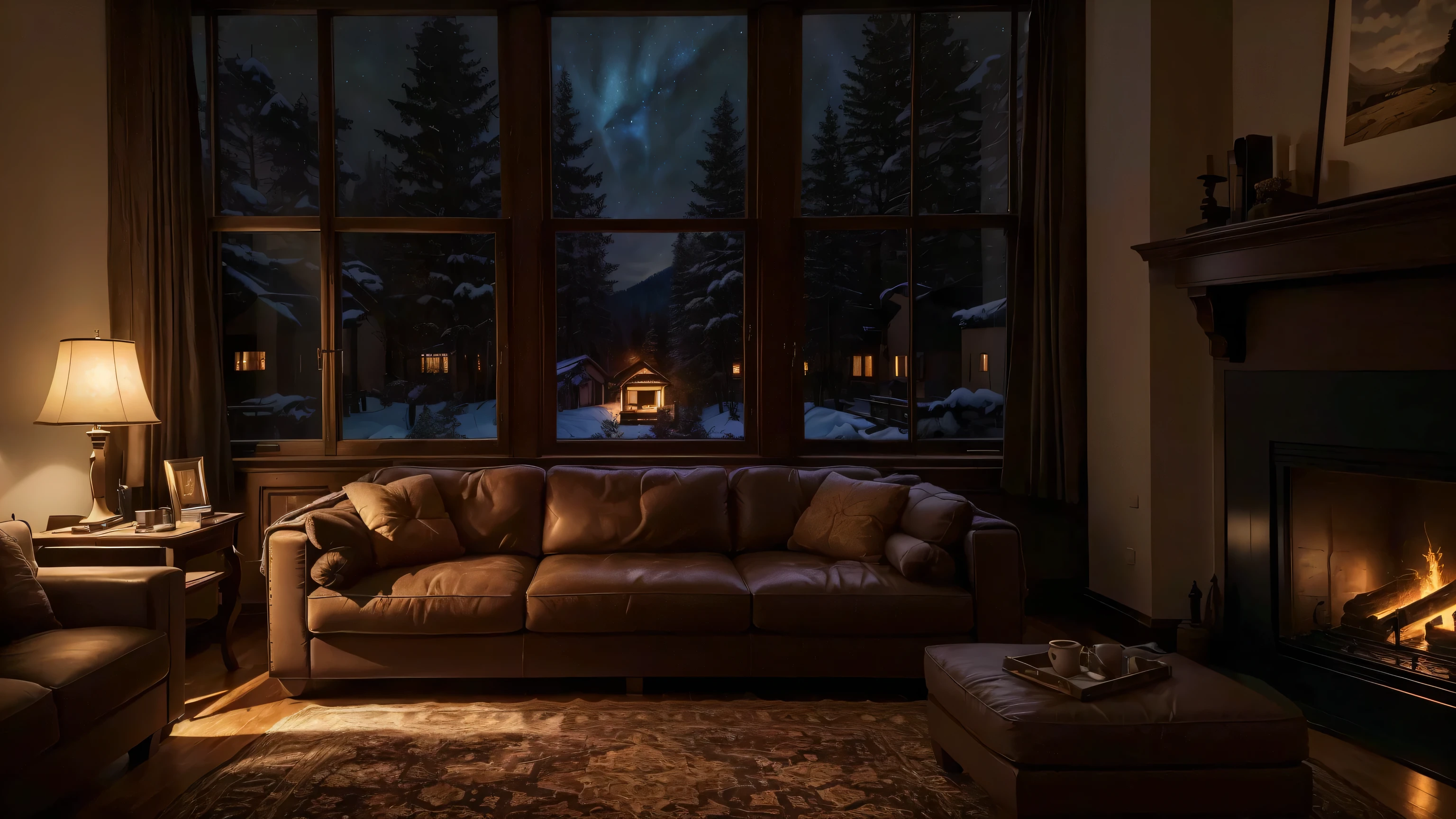 airy living room with sofa, Cadeira, pufe e lareira, ambiente aconchegante, sala de estar aconchegante, ambiente aconchegante, large windows to the forest at night, lugar aconchegante, sala de estar aconchegante background, ambiente aconchegante e tranquilo, sala de estar quente, fundo de casa aconchegante, sala de estar aconchegante interior, papel de parede aconchegante, cozy atmospheric, Atmosfera acolhedora, luz fria da janela